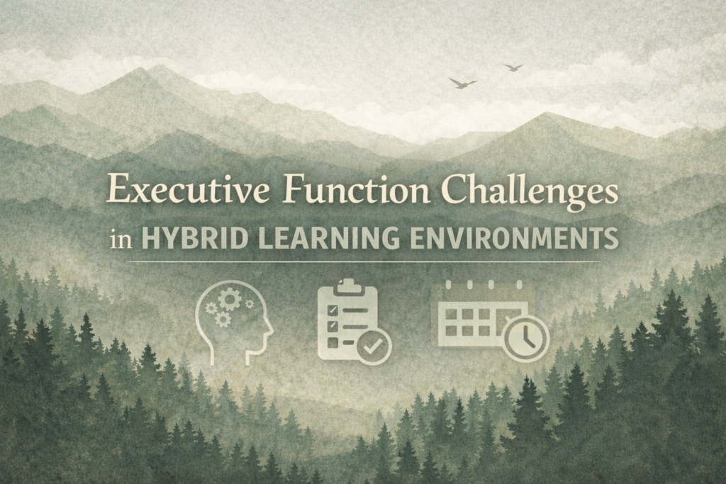 Executive Function Challenges in Hybrid Learning Environments Parent supporting an ADHD child during hybrid learning at home with structured flexibility and executive function planning supports