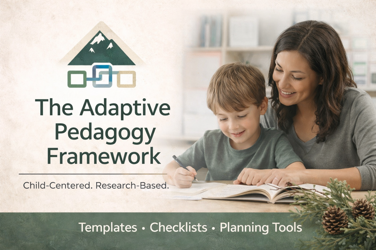 Resources Adaptive Pedagogy Framework visual showing a parent and child learning together in a supportive, neurodivergent-friendly learning environment.
