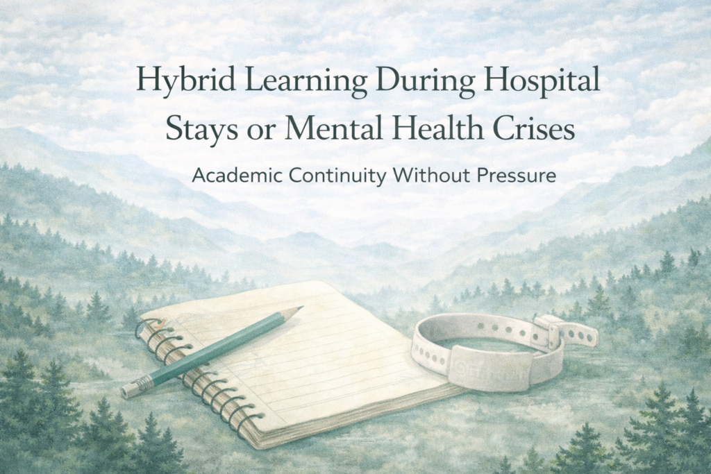 Hybrid Learning During Hospital Stays or Mental Health Crises Illustration of a neurodivergent student studying in a calm mountain setting during a hospital stay, representing hybrid learning during mental health crises and academic continuity without pressure.
