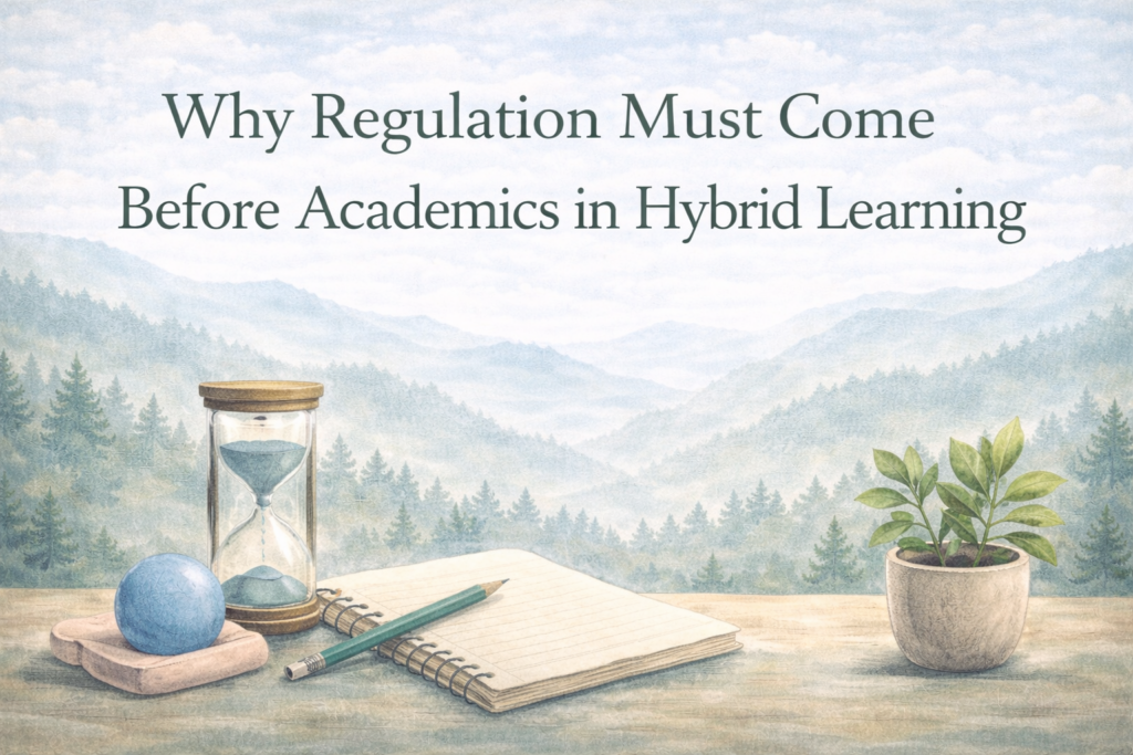 Calm hybrid learning graphic with mountain landscape, notebook, hourglass, and plant symbolizing regulation before academics in trauma-informed education.