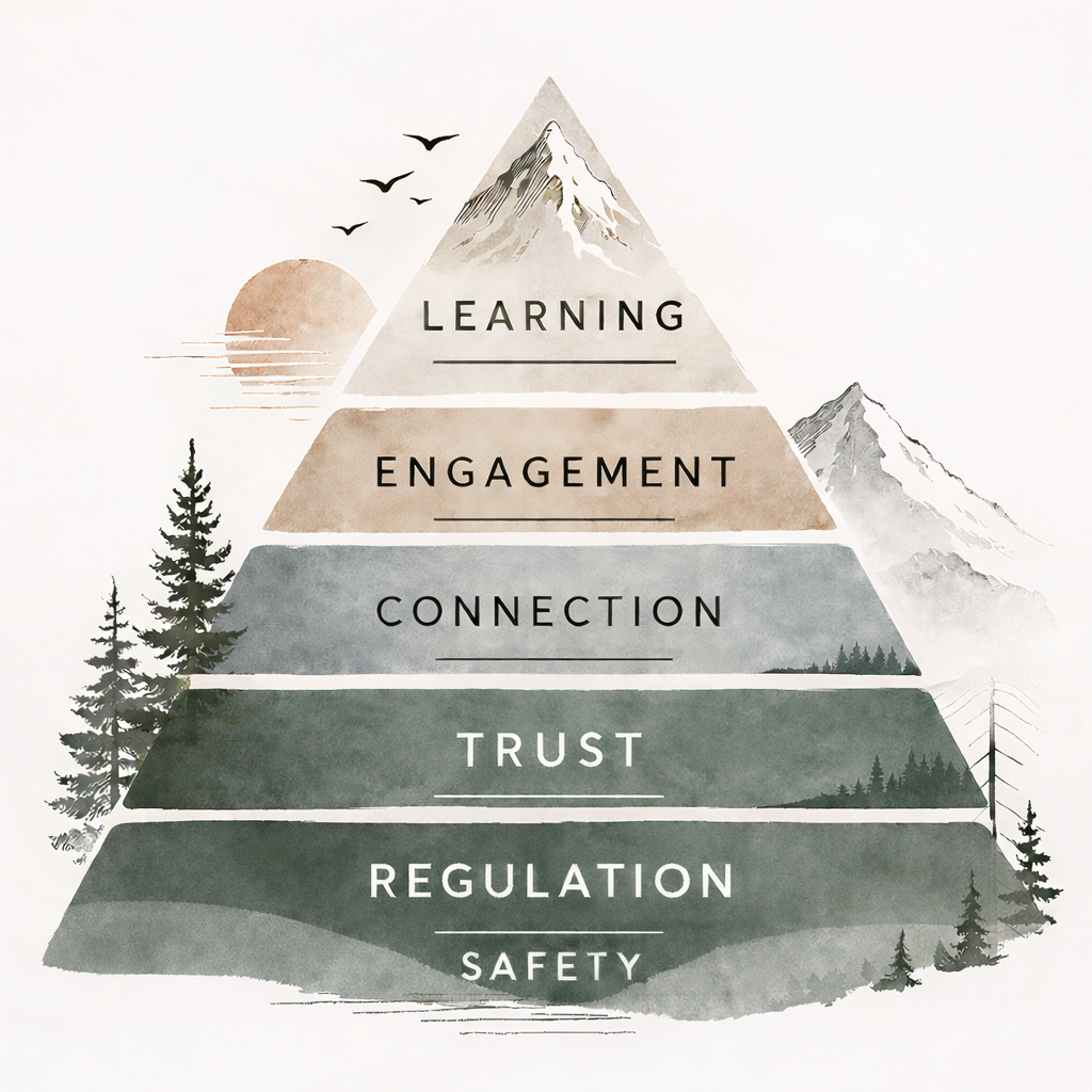 Illustration of a trauma-informed learning framework showing regulation and safety as the foundation supporting trust, connection, engagement, and learning.