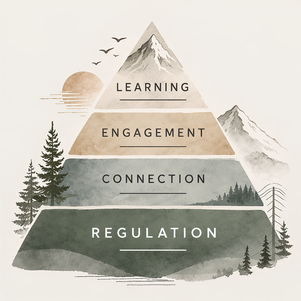 Adaptive Pedagogy Framework diagram showing regulation, connection, engagement, and learning progression for neurodivergent and trauma-impacted learners.