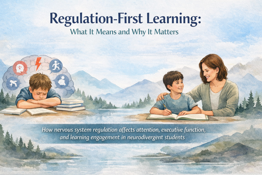 Watercolor illustration showing a dysregulated student struggling with schoolwork and a calm adult helping a child learn, representing regulation-first learning and nervous system regulation for neurodivergent students.