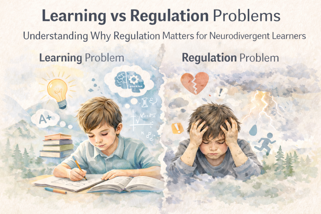 Learning Problem vs Regulation Problem in Neurodivergent Learners Illustration comparing learning problems and regulation problems in neurodivergent children. One side shows a calm child studying with books and ideas, while the other shows an overwhelmed child experiencing emotional dysregulation and stress.