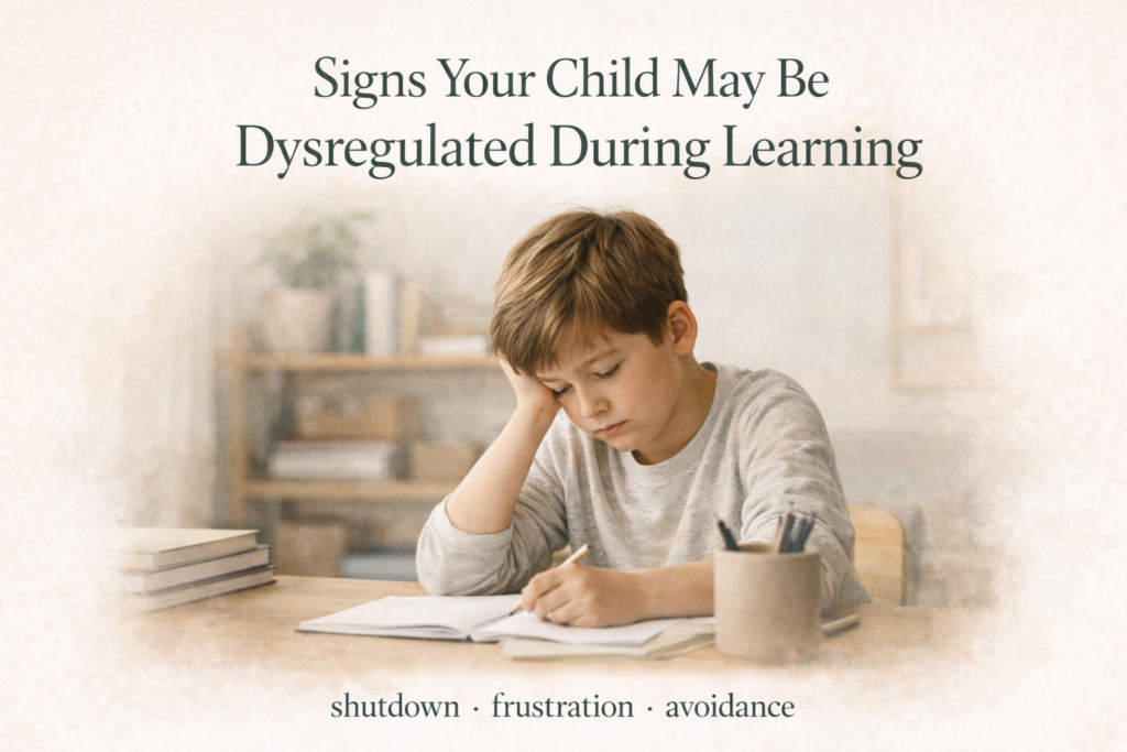 pre-teen student struggling with schoolwork showing signs of dysregulation in a calm learning environment