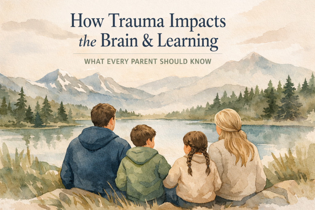 How Trauma Impacts the Brain and Learning Watercolor illustration of parents and children overlooking Pacific Northwest mountains representing how trauma affects brain development, regulation, and learning in children.
