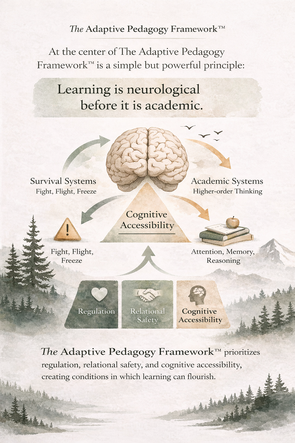 Adaptive Pedagogy Framework diagram showing how regulation, relational safety, and cognitive accessibility support learning for neurodivergent and trauma-impacted learners.