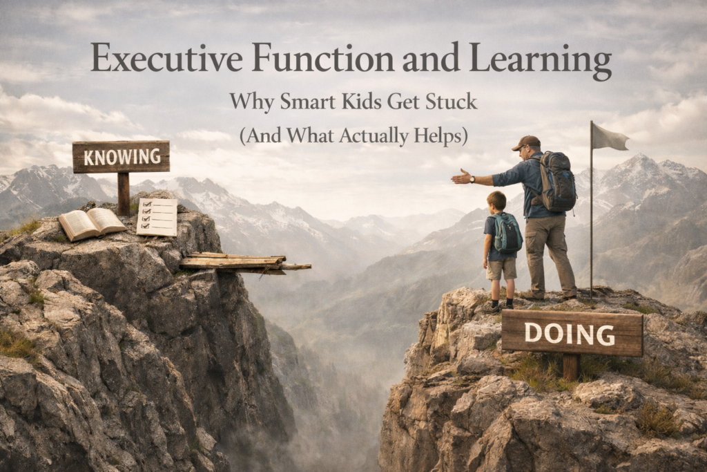 Illustration of a father and son standing on a mountain cliff labeled “doing,” looking across a gap toward another cliff labeled “knowing,” representing the executive function gap between understanding and applying learning