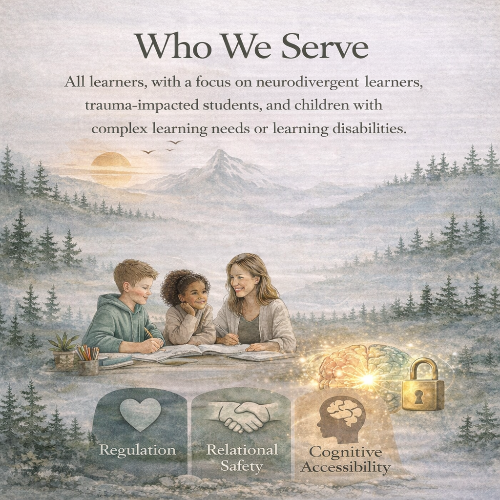 Illustration showing the Adaptive Pedagogy Framework supporting neurodivergent and trauma-impacted learners through regulation, relational safety, and cognitive accessibility.