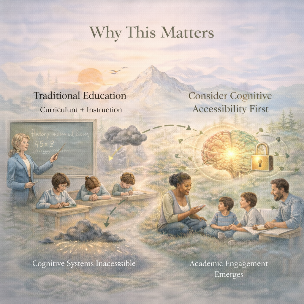 Illustration comparing traditional education with the Adaptive Pedagogy Framework, showing how regulation and cognitive accessibility support neurodivergent and trauma-impacted learners before academic engagement.