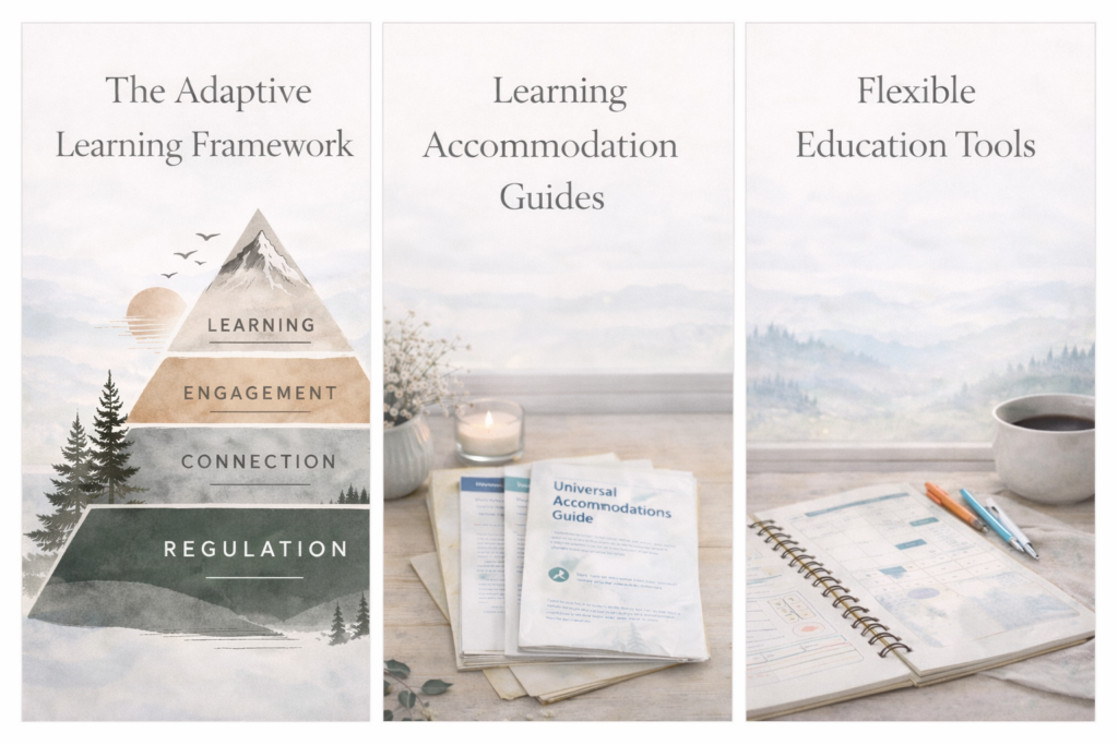 Three-panel image showing the Adaptive Learning Framework pyramid (Regulation, Connection, Engagement, Learning), Learning Accommodation Guides, and Flexible Education Planning Tools on a calm Scandinavian-style desk with watercolor mountain backgrounds.