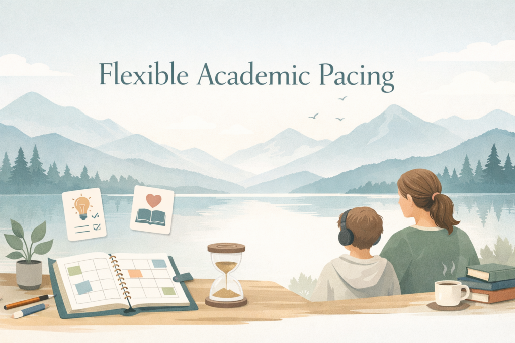 Parent and child overlooking mountain landscape representing flexible academic pacing in hybrid learning with planner, books, and study tools.