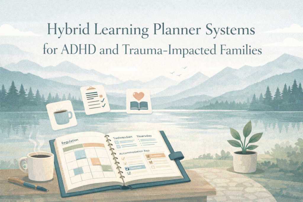 Hybrid Learning Planner Systems for ADHD and Trauma-Impacted Families Illustrated hybrid learning planner system for ADHD and trauma-impacted families showing a structured homeschool planner with regulation and accommodation tracking in a calm mountain landscape.