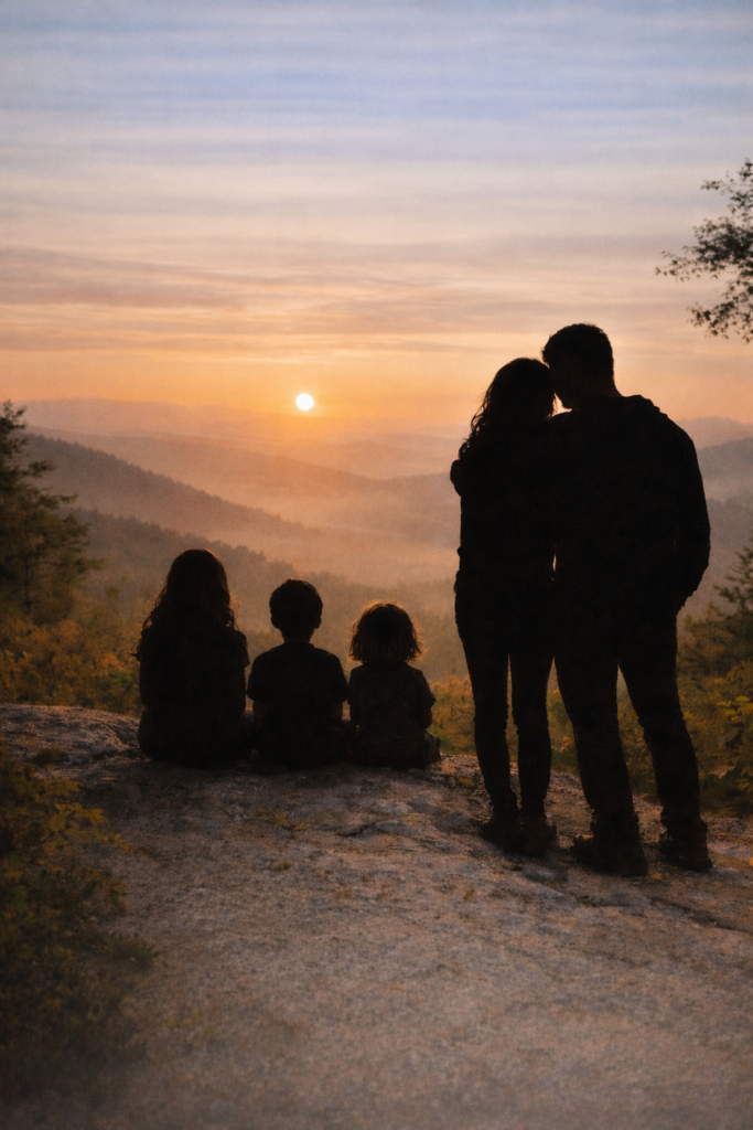 meet our team Family standing together at sunset representing connection, support, and trauma-informed learning environments for children