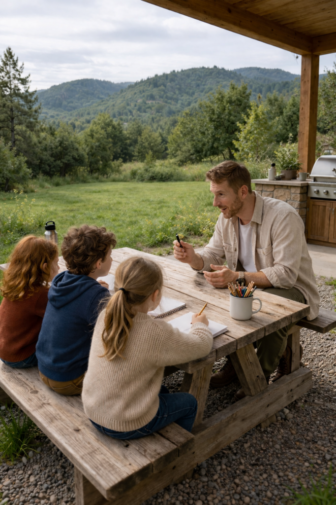meet our team Educator supporting children’s learning at an outdoor table under a patio, demonstrating adaptive learning, engagement, and connection in a natural setting