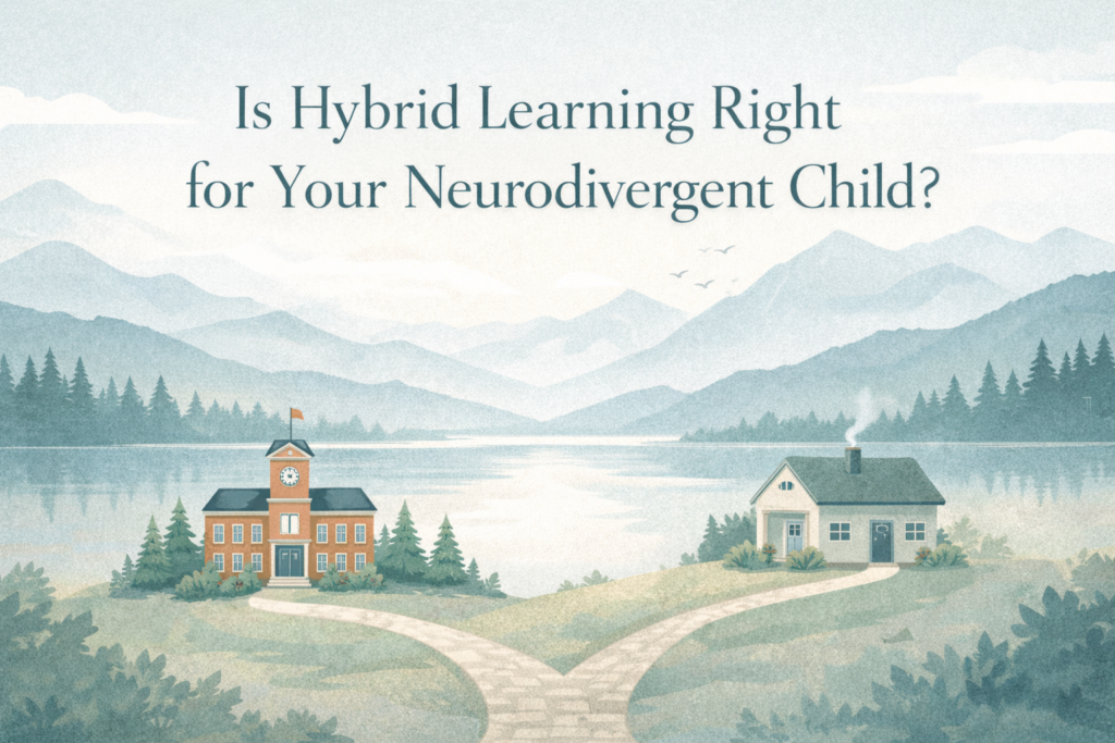Is Hybrid Learning Right for Your Neurodivergent Child? llustrated mountain landscape showing a path splitting between a traditional school building and a home, representing the choice of hybrid learning for neurodivergent children.
