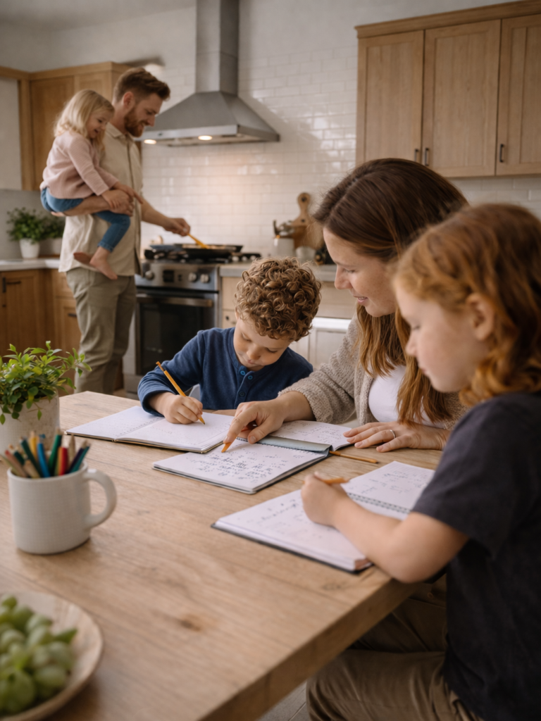 meet our team Parent supporting children with homework at home while another parent cooks in the kitchen, illustrating a structured and supportive learning environment for kids