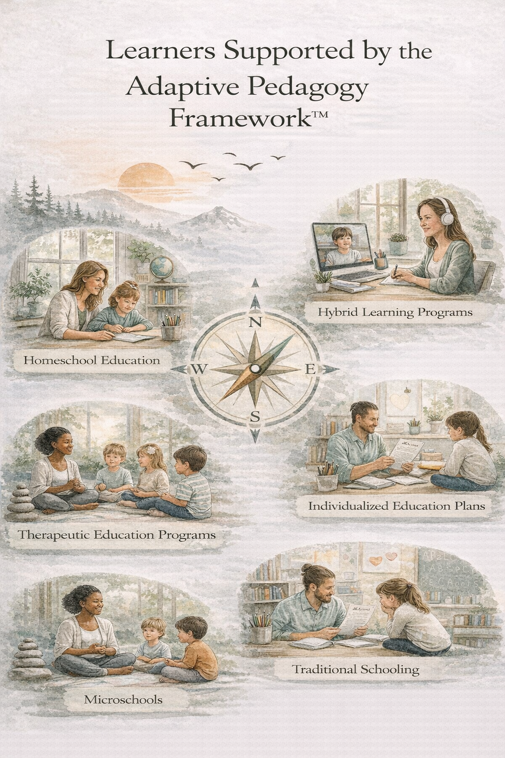Illustration showing where the Adaptive Pedagogy Framework can be applied including homeschool education, hybrid learning, therapeutic education programs, traditional schooling, and individualized education plans.