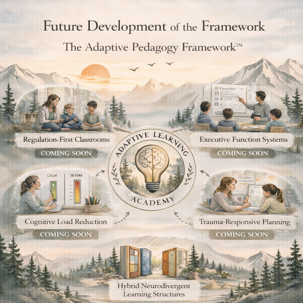 Illustration showing the future development of the Adaptive Pedagogy Framework including regulation-first classrooms, executive function systems, cognitive load reduction, trauma-responsive planning, and hybrid neurodivergent learning structures.