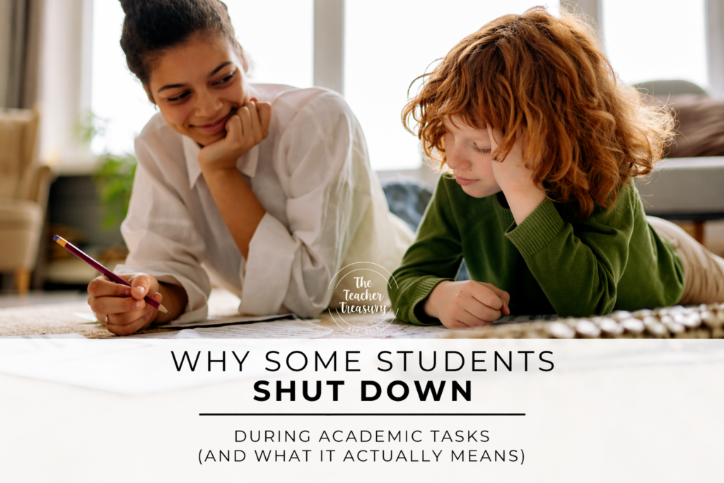 Adult sitting beside a child who appears overwhelmed during schoolwork, illustrating how executive function fatigue, stress, and nervous system overload can affect learning and task initiation.