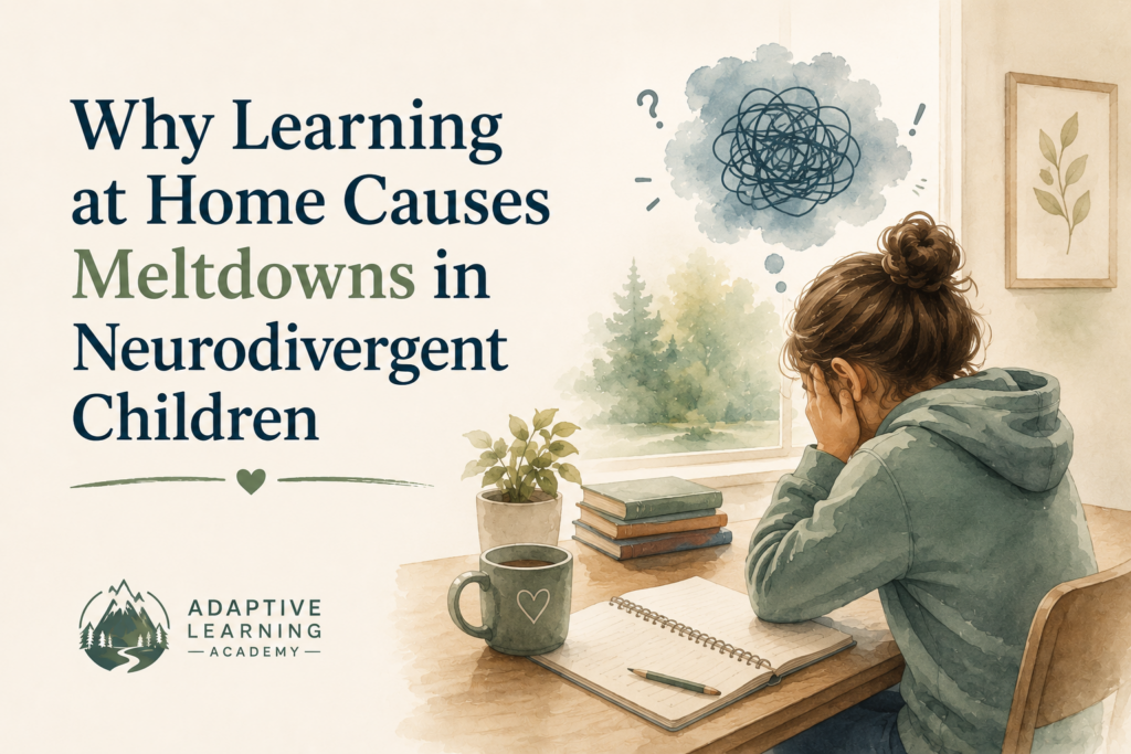 Soft watercolor-style website banner for Adaptive Learning Academy titled “Why Learning at Home Causes Meltdowns in Neurodivergent Children.” The image shows an overwhelmed child sitting at a desk during home learning with a scribbled thought cloud above their head, symbolizing stress, overload, and learning breakdown. The calming neutral design uses soft greens, blues, and Scandinavian-inspired nature tones to represent nervous system overwhelm, emotional regulation, and neurodivergent learning support at home.